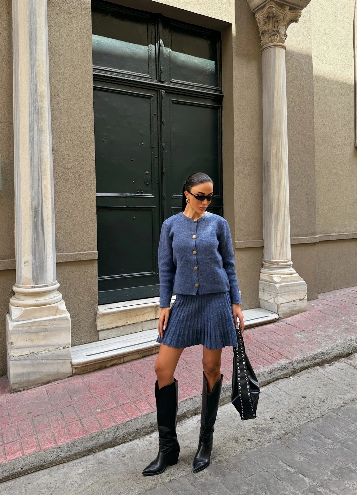 Pullaps Bisiklet Yaka Hırka Ve Pile Detaylı Etek Triko Takım İndigo