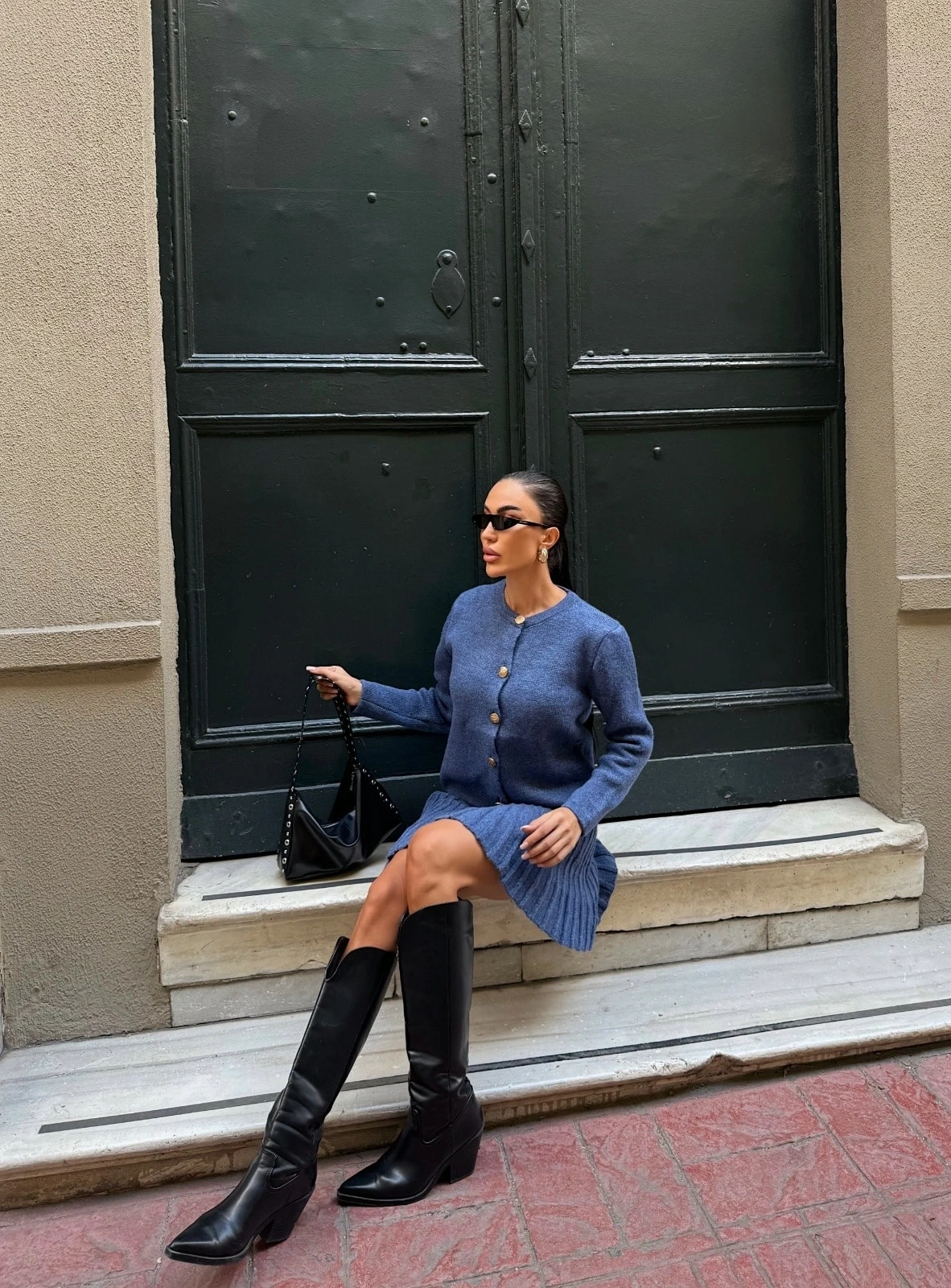 Pullaps Bisiklet Yaka Hırka Ve Pile Detaylı Etek Triko Takım İndigo