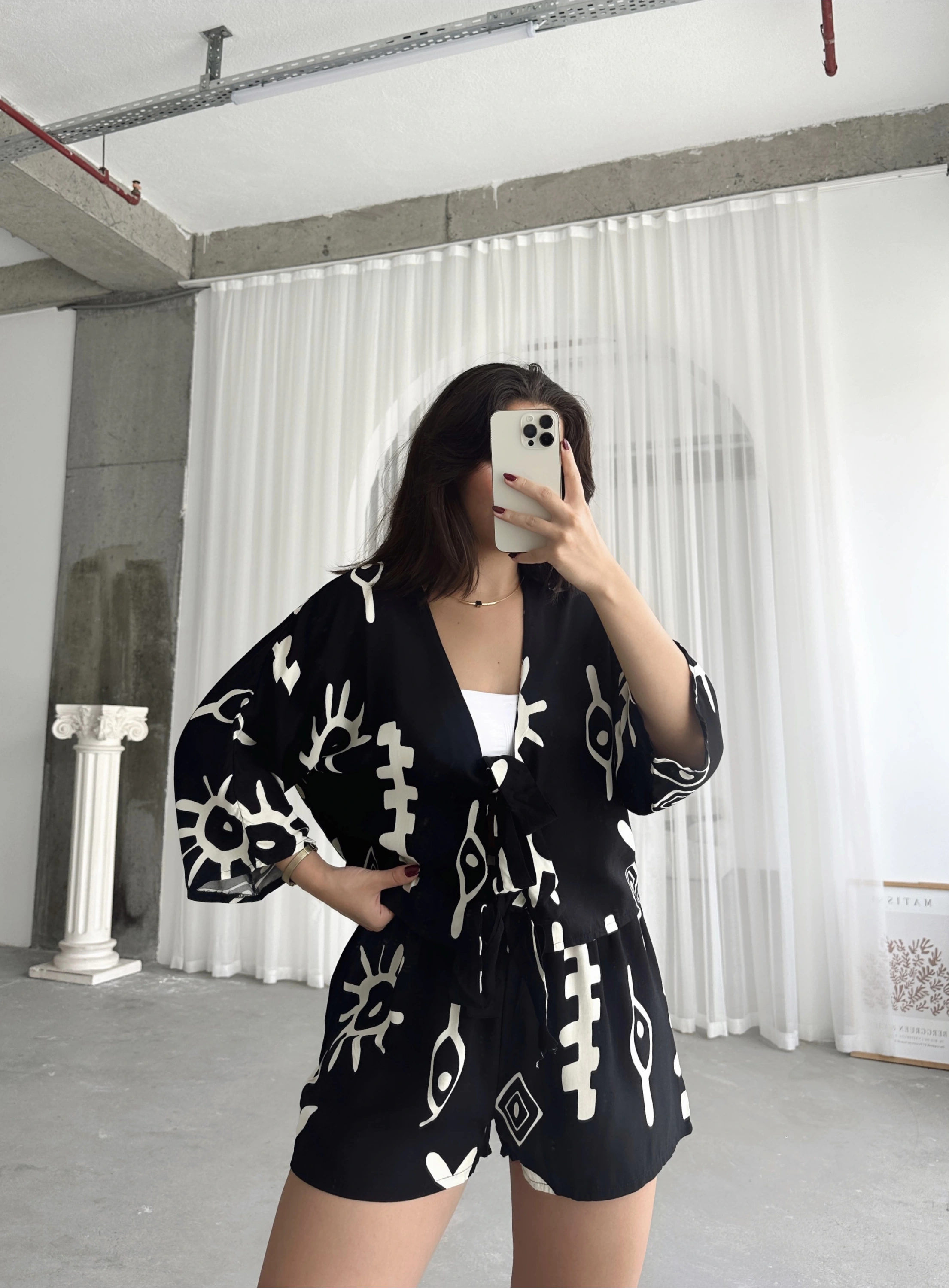 Pullaps Bluz Şort Desenli Takım Siyah