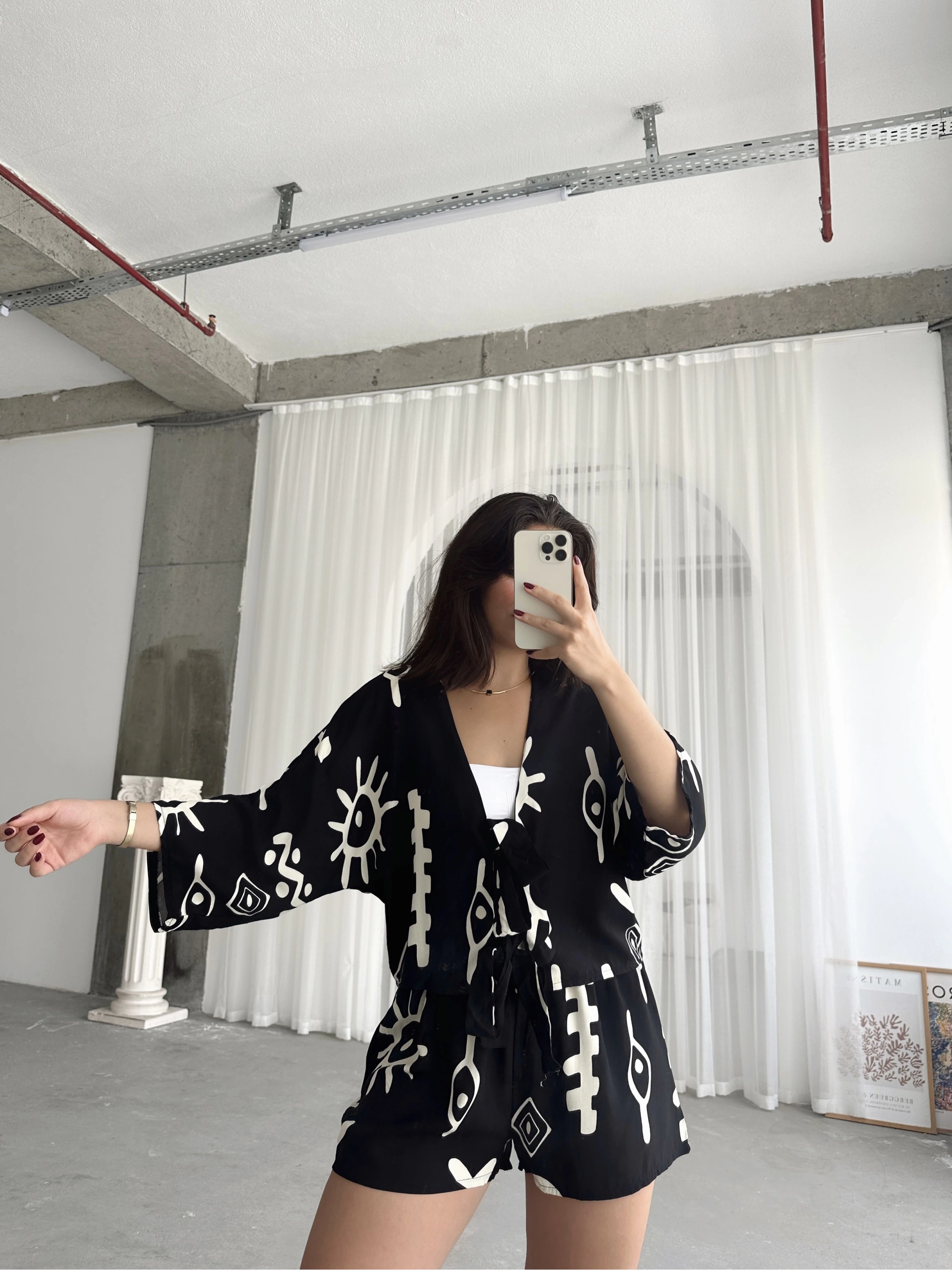 Pullaps Bluz Şort Desenli Takım Siyah