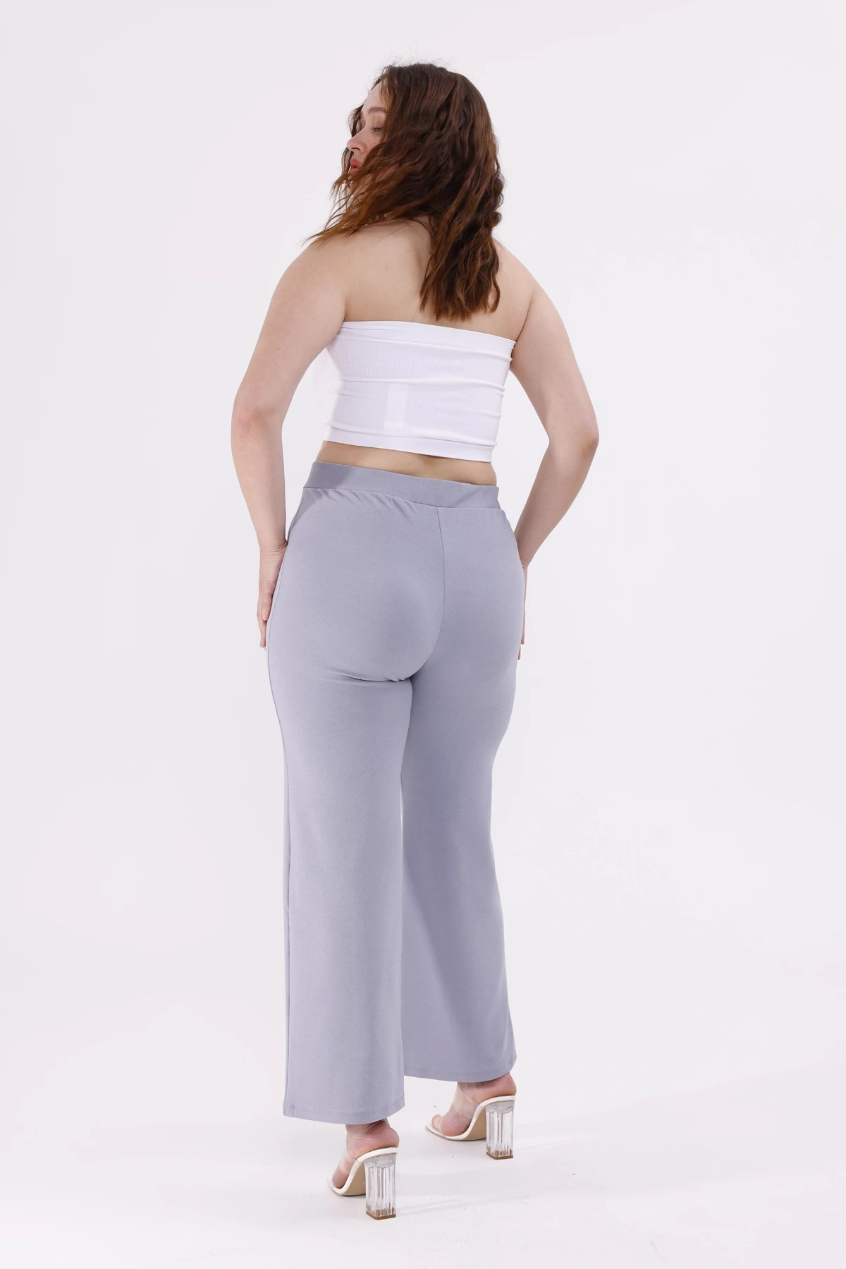 Pullaps Büyük Beden Likralı Çımalı Palazzo Pantolon Gri