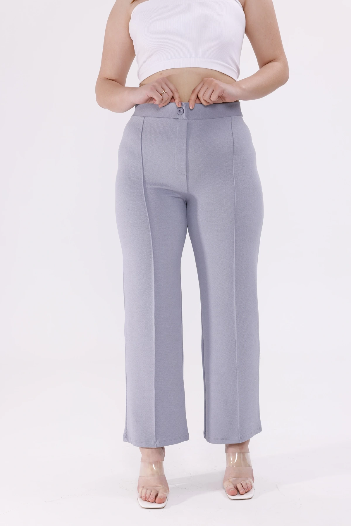 Pullaps Büyük Beden Likralı Çımalı Palazzo Pantolon Gri