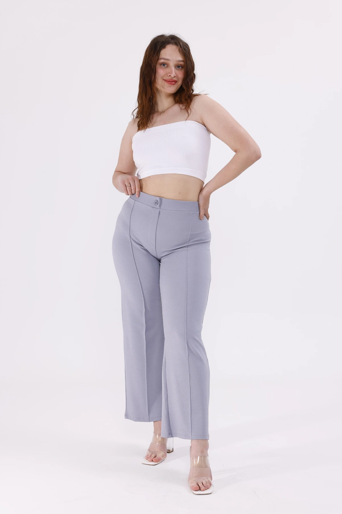 Pullaps Büyük Beden Likralı Çımalı Palazzo Pantolon Gri