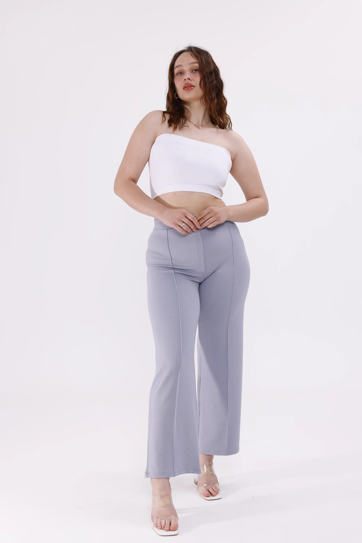 Pullaps Büyük Beden Likralı Çımalı Palazzo Pantolon Gri