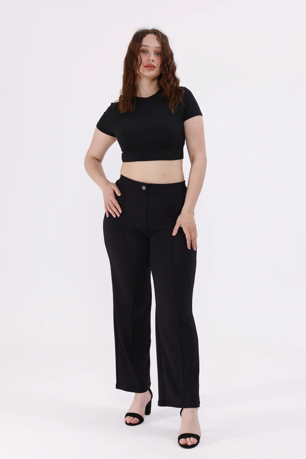 Pullaps Büyük Beden Likralı Çımalı Palazzo Pantolon Siyah