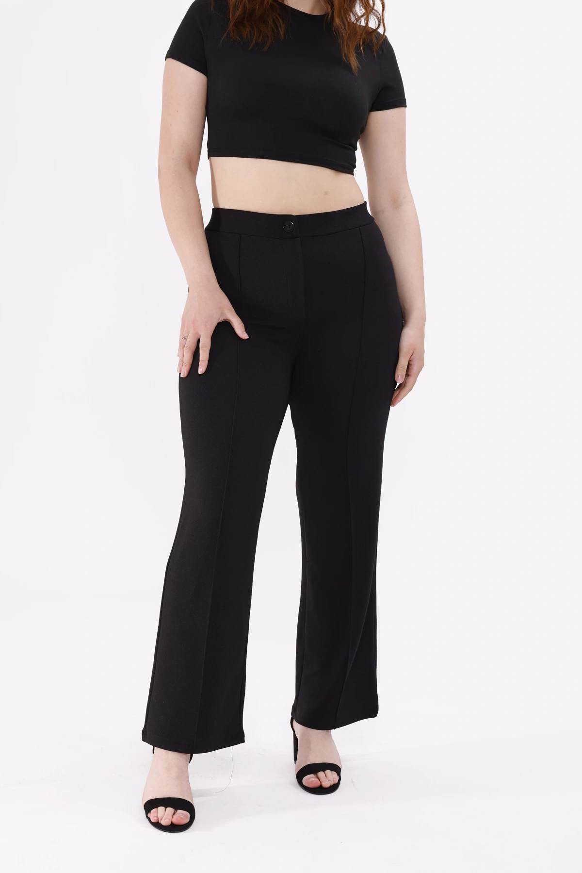 Pullaps Büyük Beden Likralı Çımalı Palazzo Pantolon Siyah