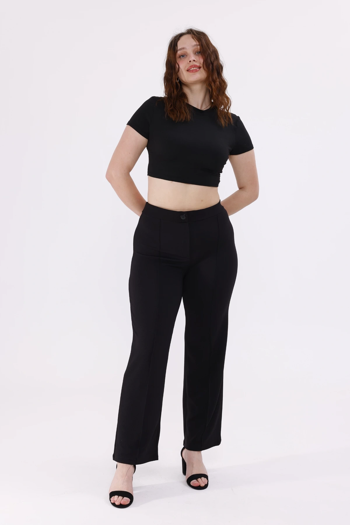 Pullaps Büyük Beden Likralı Çımalı Palazzo Pantolon Siyah