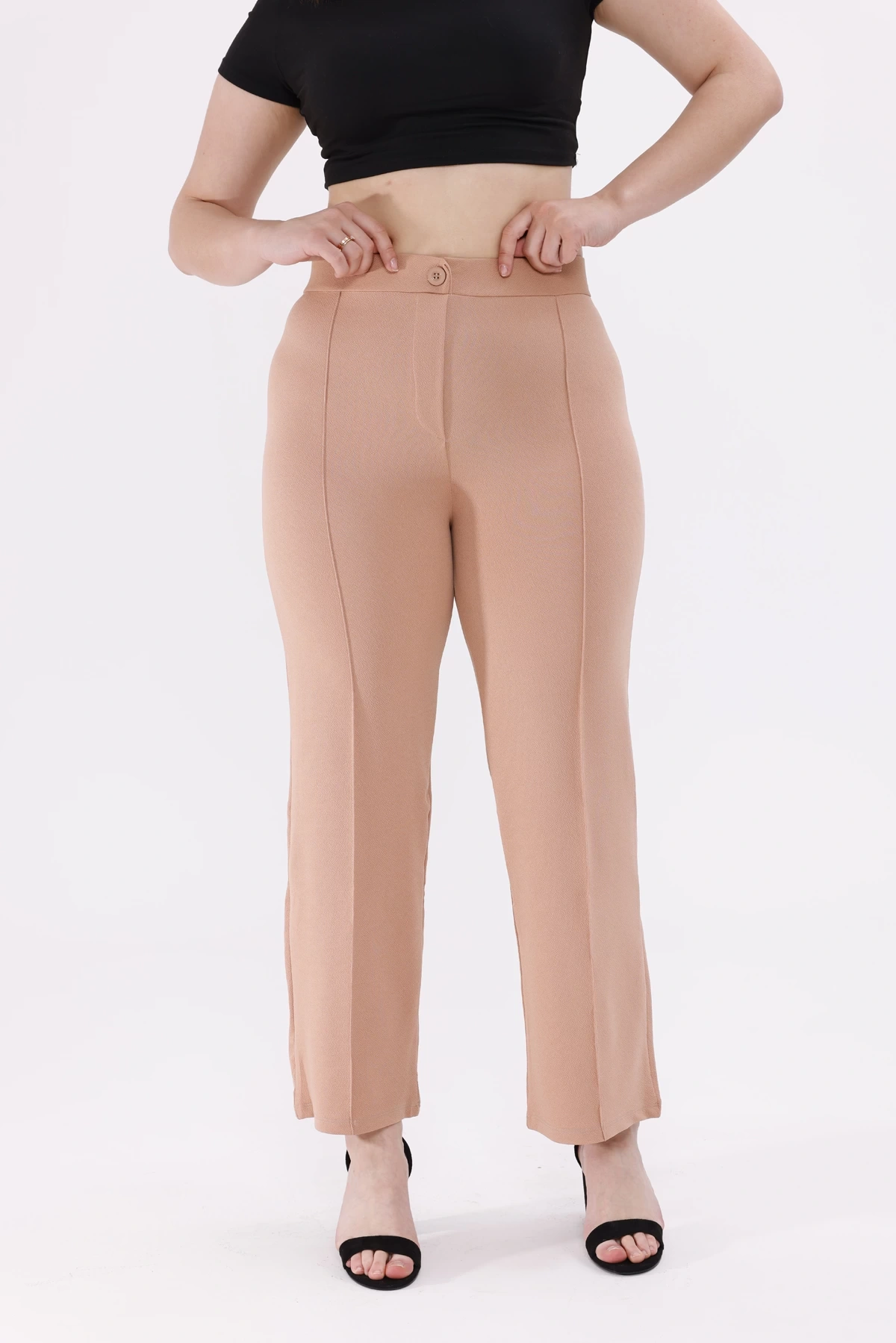 Pullaps Büyük Beden Likralı Çımalı Palazzo Pantolon Vizon