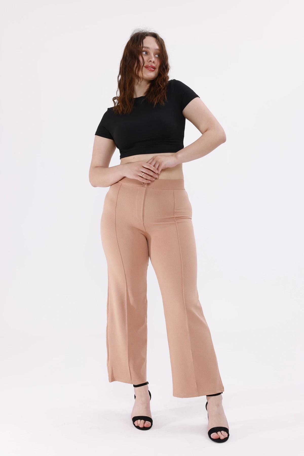 Pullaps Büyük Beden Likralı Çımalı Palazzo Pantolon Vizon