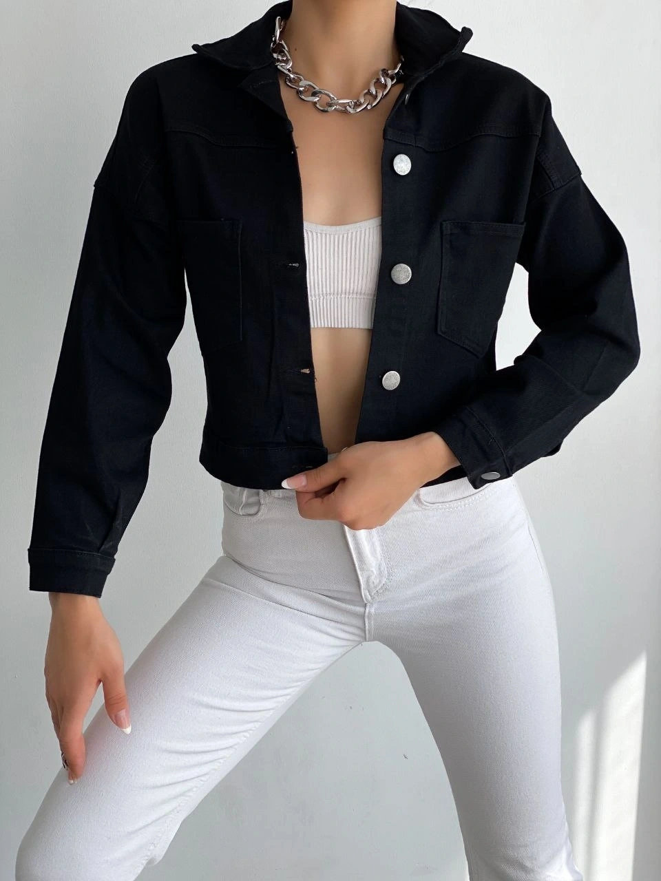 Pullaps Düz Cepli Denim Crop Ceket Siyah