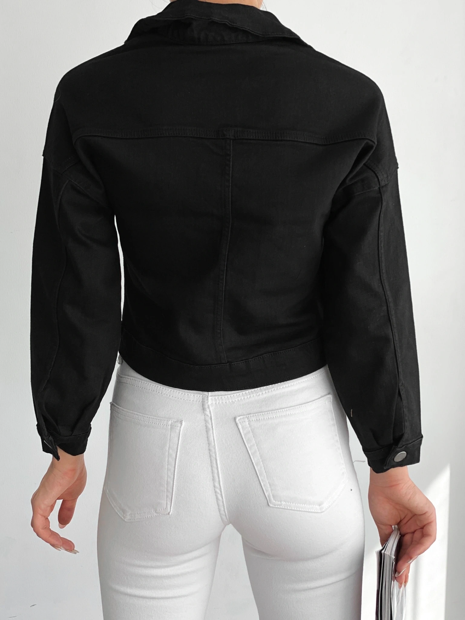 Pullaps Düz Cepli Denim Crop Ceket Siyah