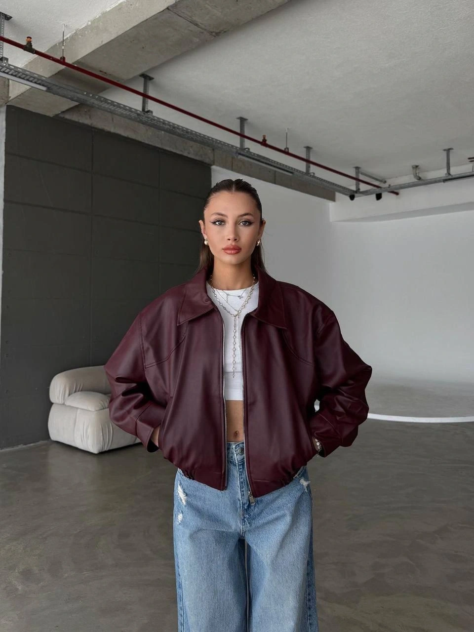 Pullaps Çift Cepli Deri Bomber Ceket Bordo