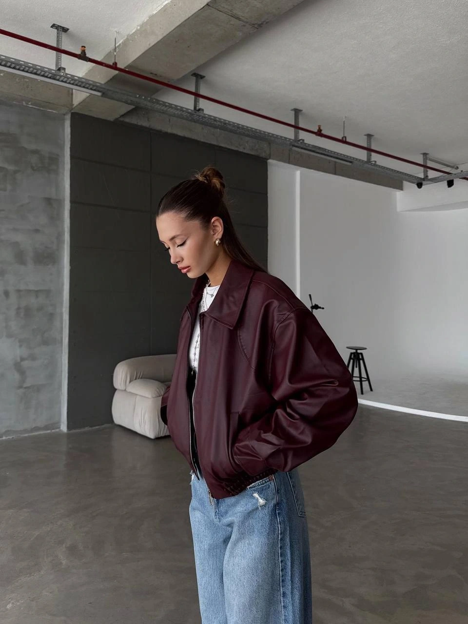 Pullaps Çift Cepli Deri Bomber Ceket Bordo