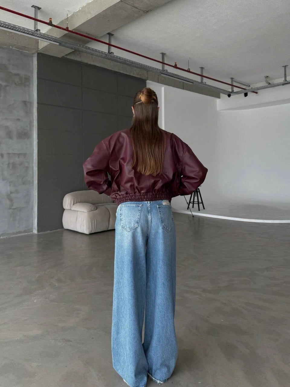 Pullaps Çift Cepli Deri Bomber Ceket Bordo