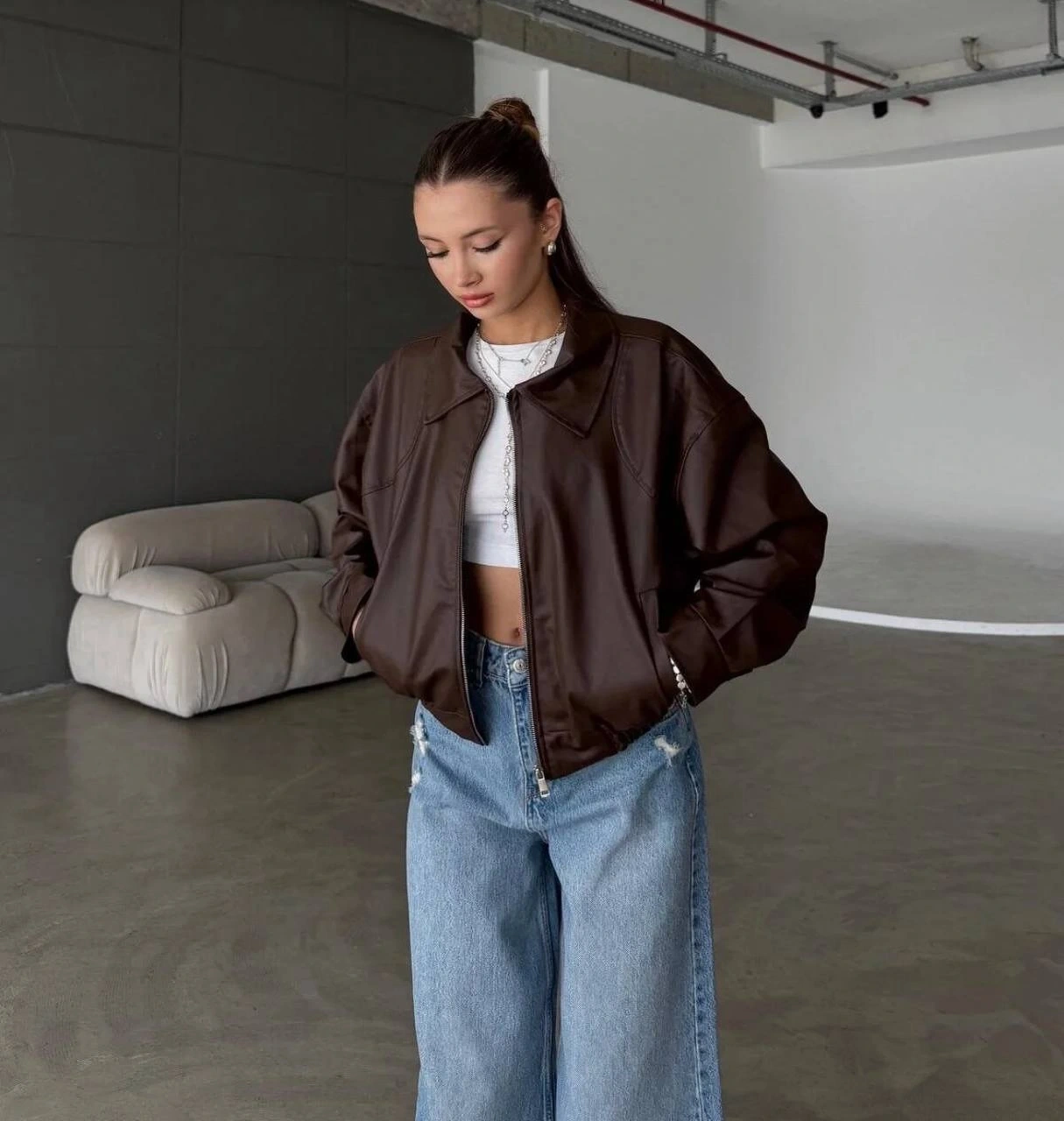 Pullaps Çift Cepli Deri Bomber Ceket Kahve