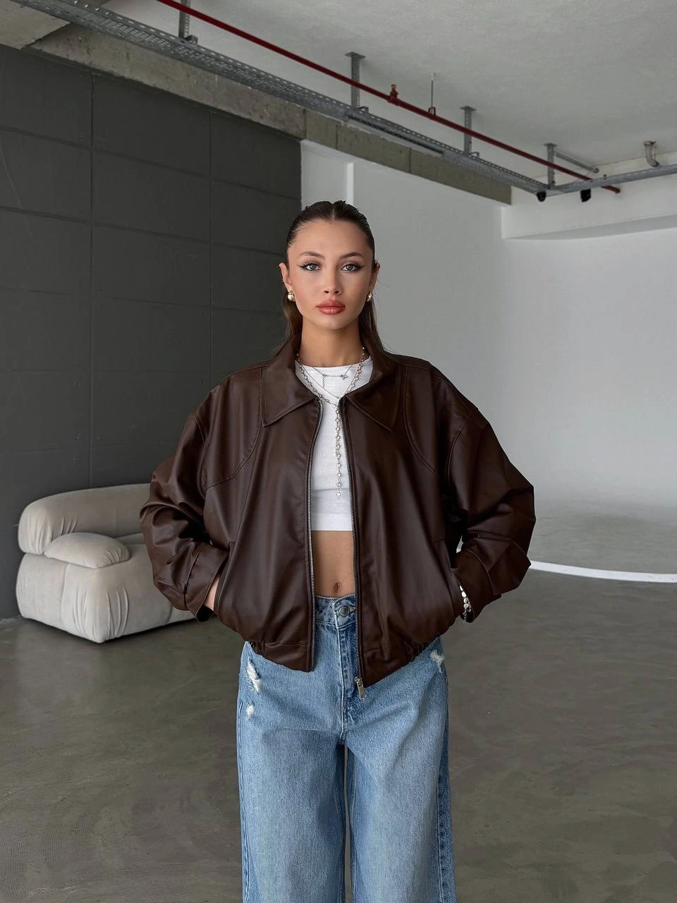 Pullaps Çift Cepli Deri Bomber Ceket Kahve