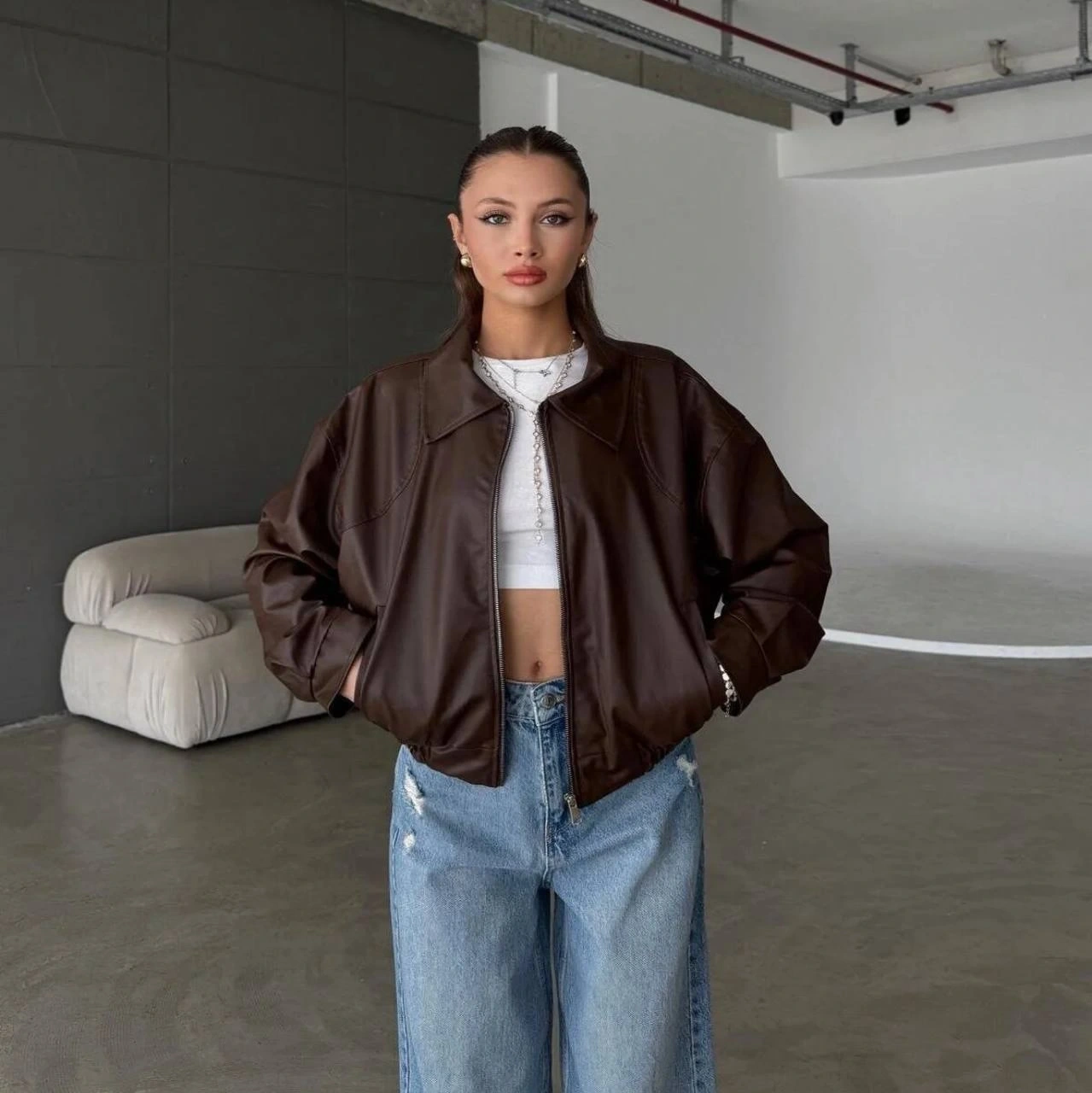 Pullaps Çift Cepli Deri Bomber Ceket Kahve