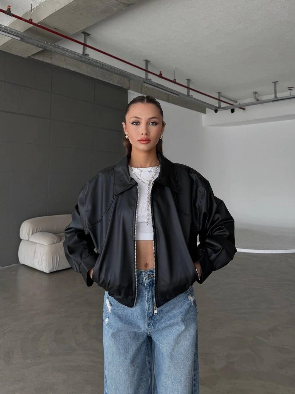 Pullaps Çift Cepli Deri Bomber Ceket Siyah