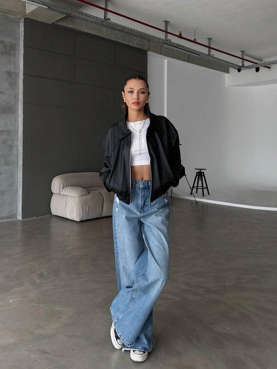 Pullaps Çift Cepli Deri Bomber Ceket Siyah