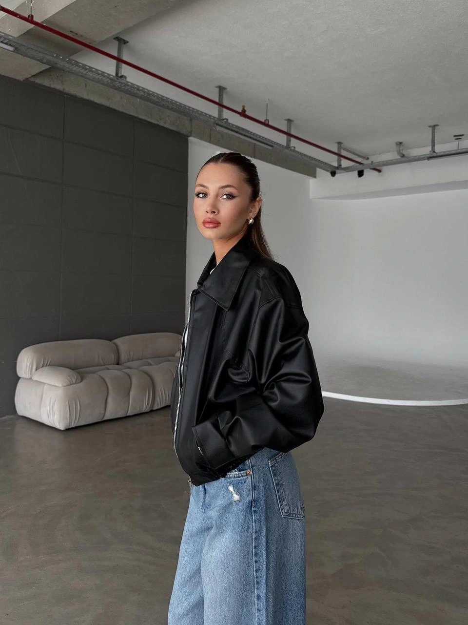 Pullaps Çift Cepli Deri Bomber Ceket Siyah