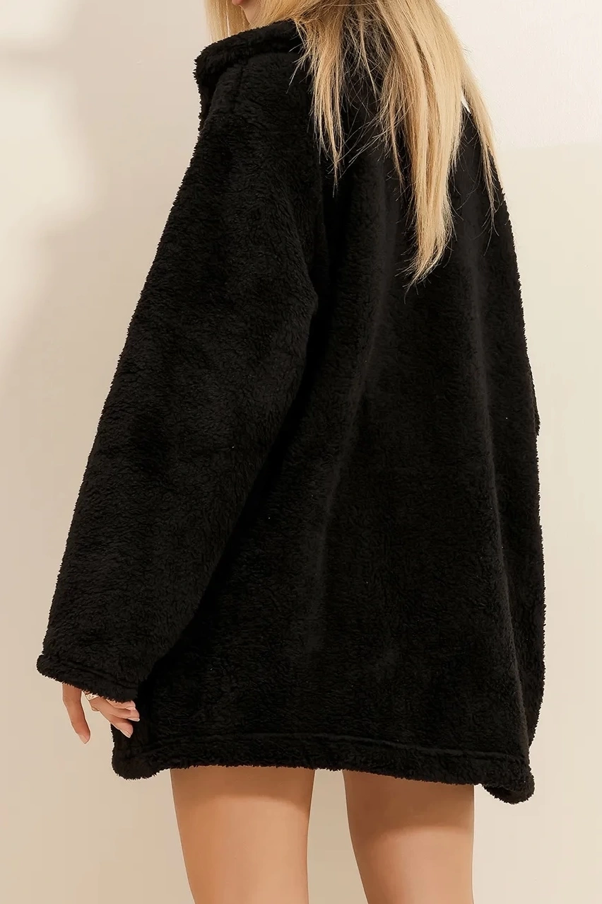 Pullaps Çift Cepli Önü Düğmeli Oversize Peluş Ceket Siyah