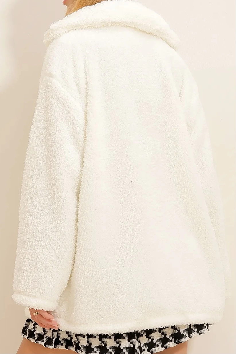 Pullaps Çift Cepli Önü Düğmeli Oversize Peluş Ekru