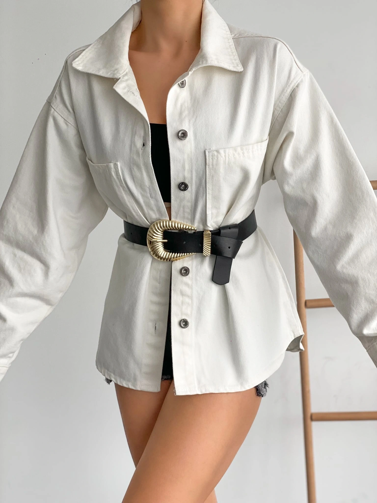 Pullaps Çift Cepli Oversize Denim Gömlek Ceket Beyaz