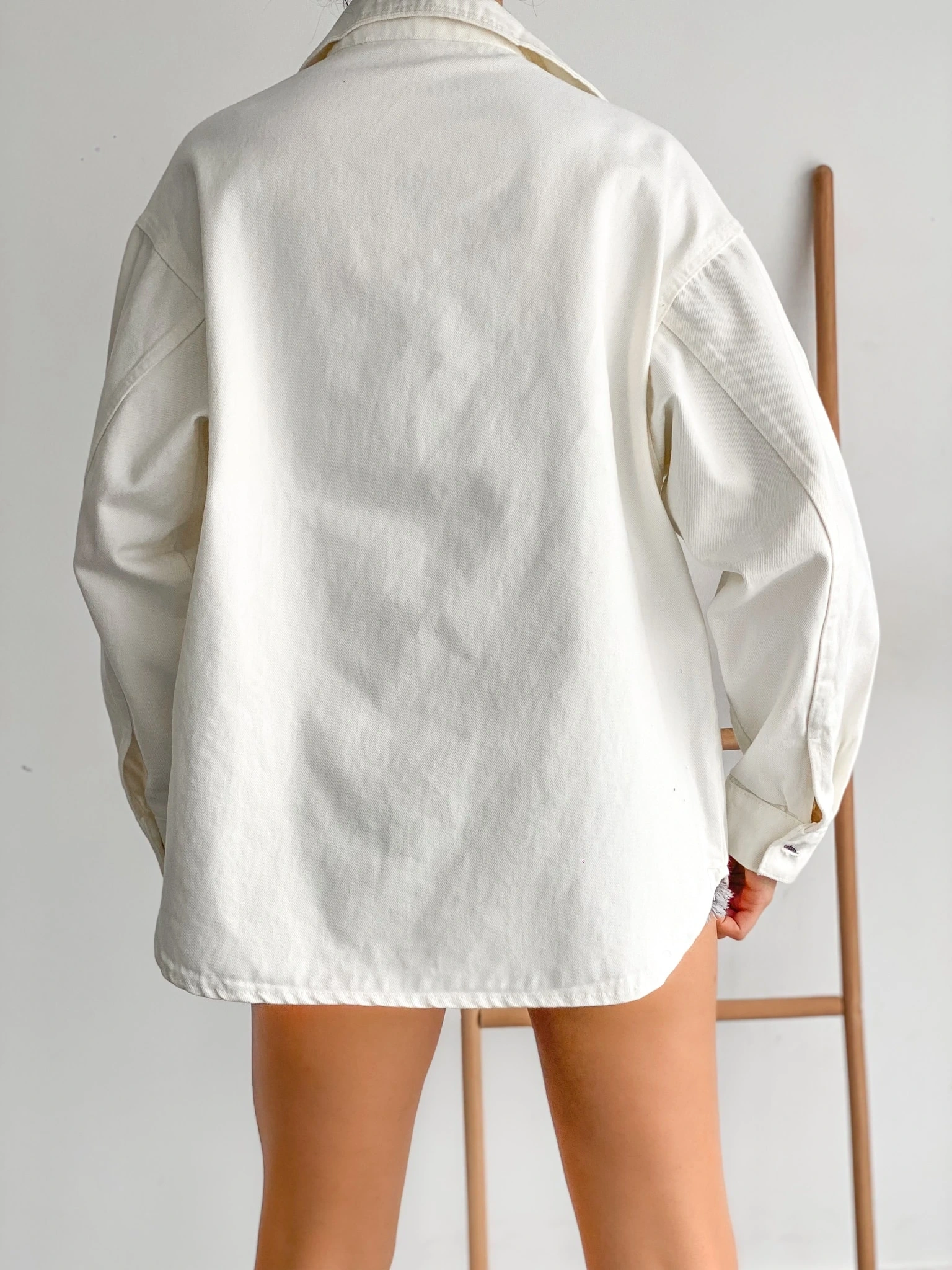 Pullaps Çift Cepli Oversize Denim Gömlek Ceket Beyaz