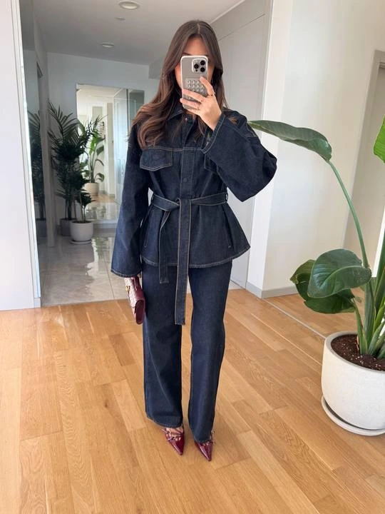 Bağlamalı Lacivert Ceket Pantolon Denim Takım