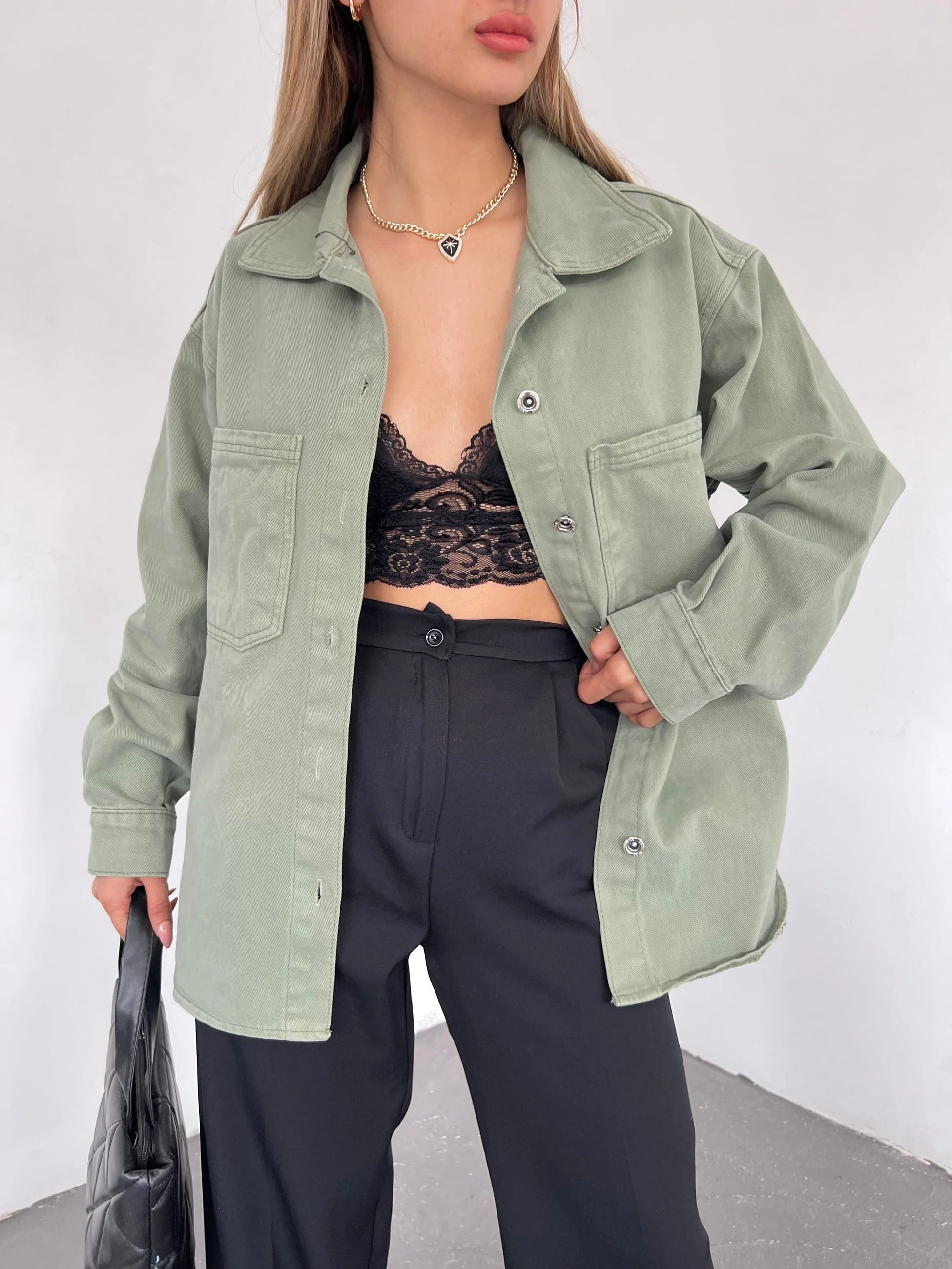 Pullaps Çift Cepli Oversize Denim Gömlek Ceket Çağla