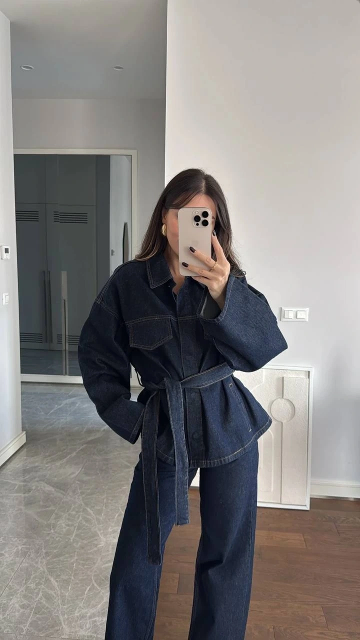 Bağlamalı Lacivert Ceket Pantolon Denim Takım