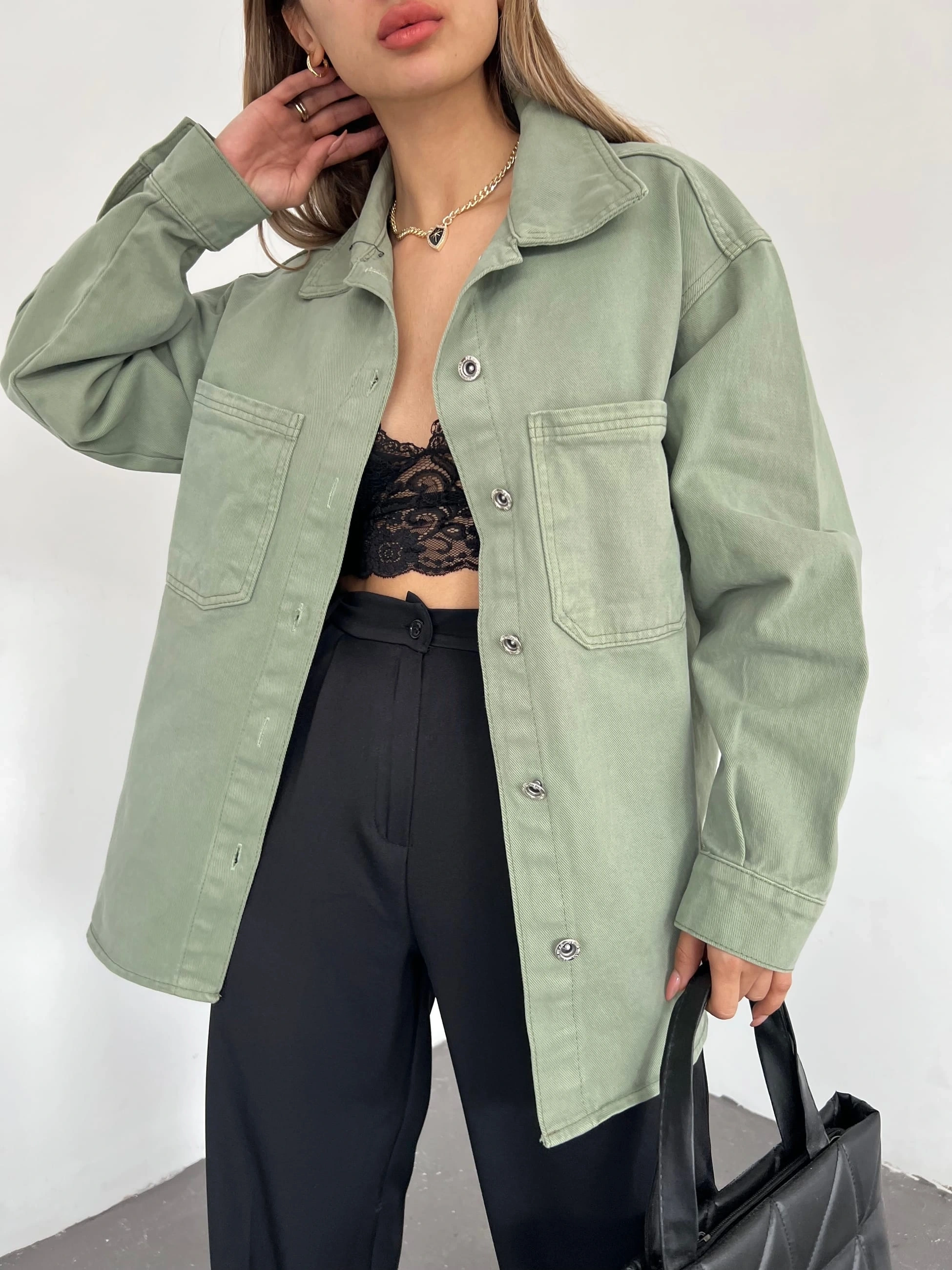 Pullaps Çift Cepli Oversize Denim Gömlek Ceket Çağla