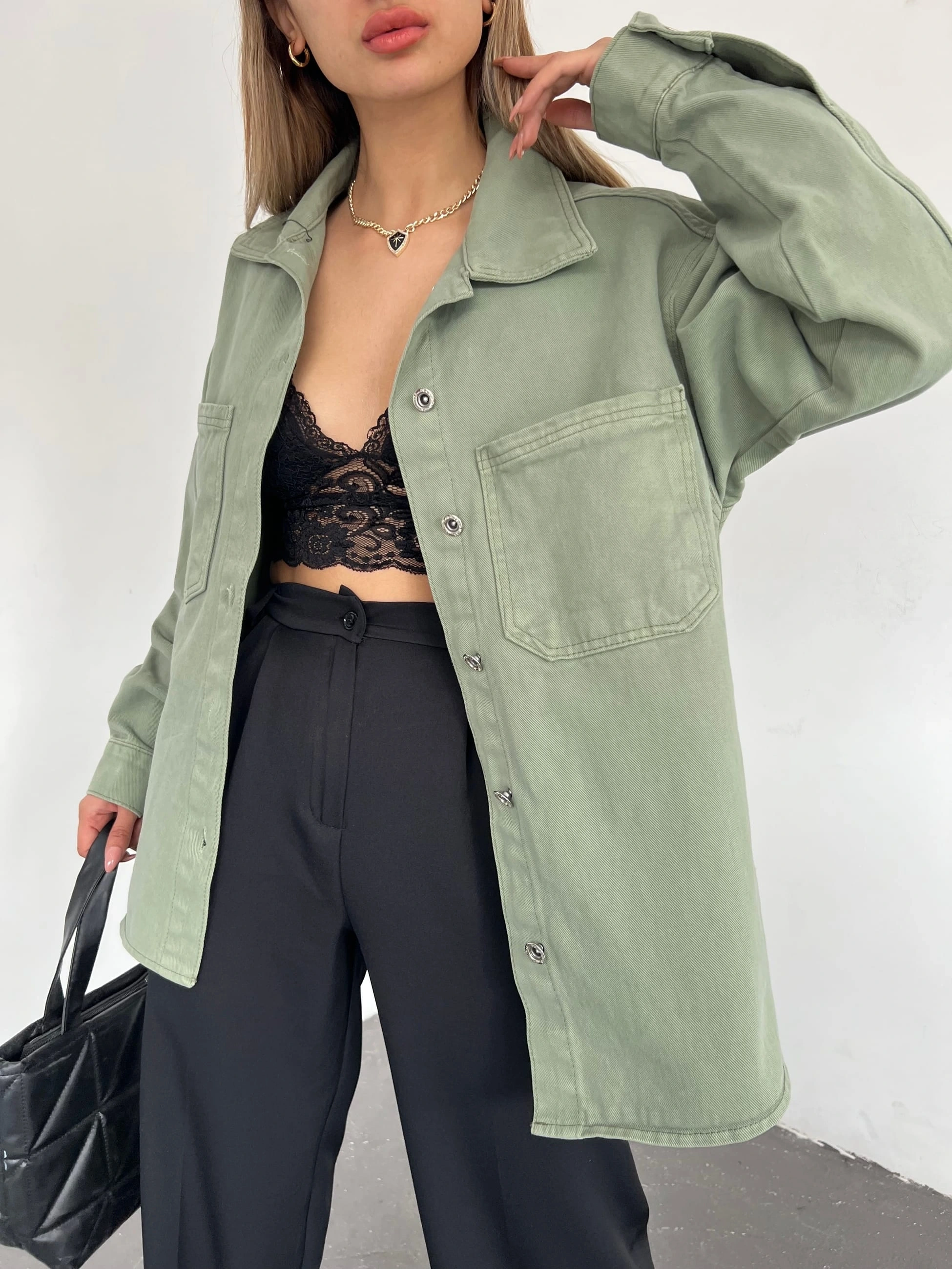 Pullaps Çift Cepli Oversize Denim Gömlek Ceket Çağla