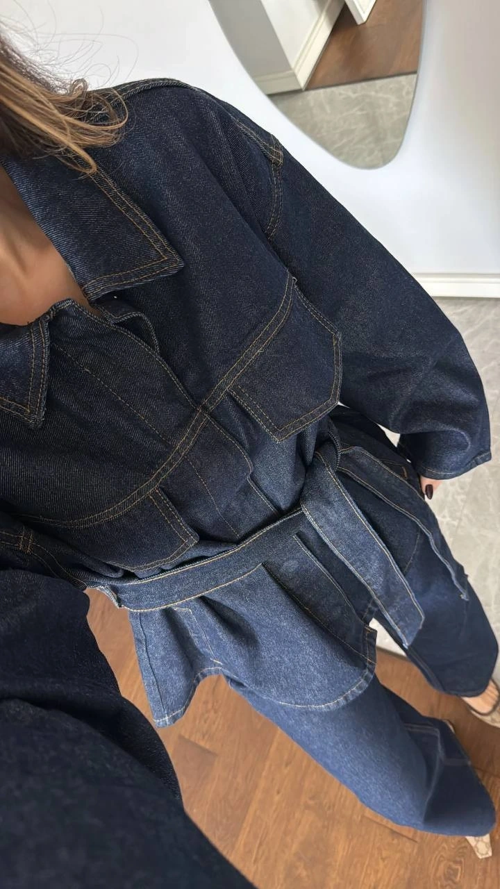 Bağlamalı Lacivert Ceket Pantolon Denim Takım