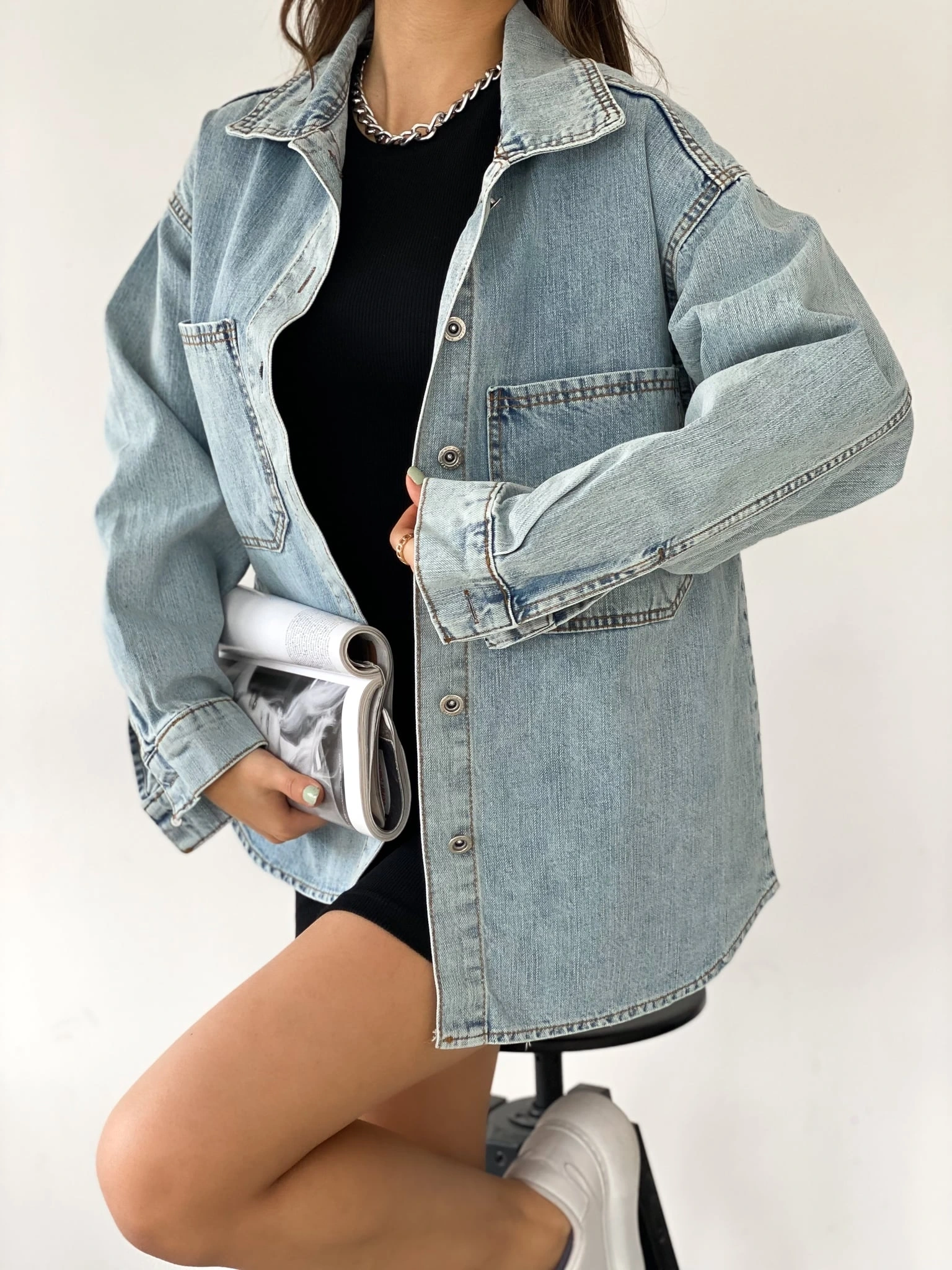 Pullaps Çift Cepli Oversize Denim Gömlek Ceket Mavi