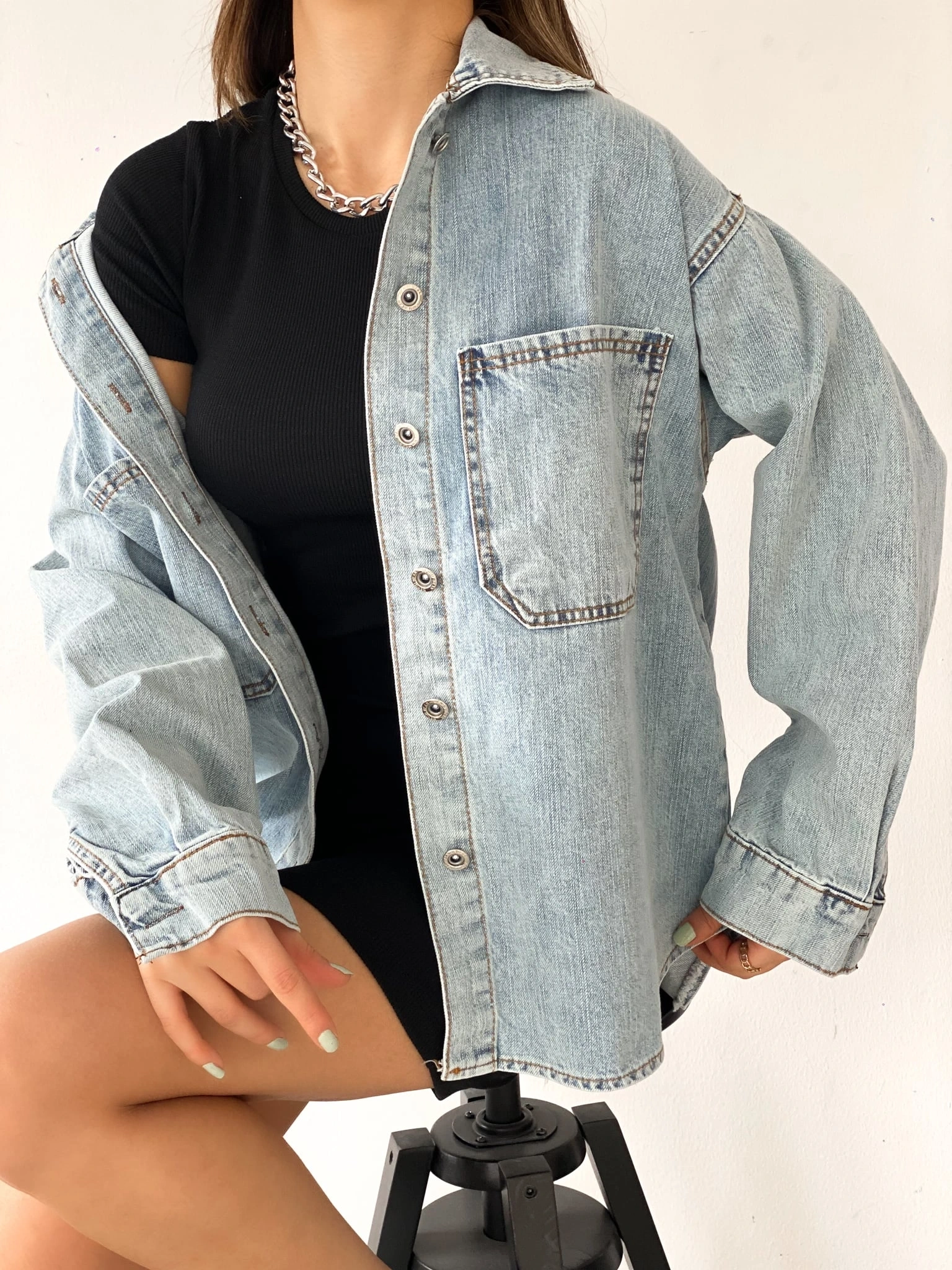 Pullaps Çift Cepli Oversize Denim Gömlek Ceket Mavi