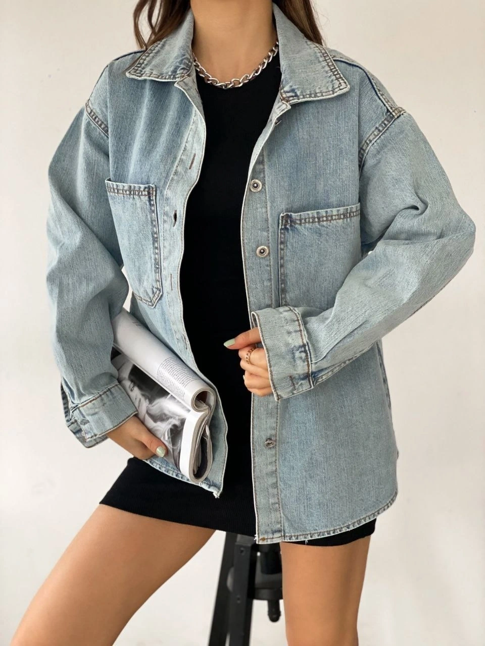Pullaps Çift Cepli Oversize Denim Gömlek Ceket Mavi