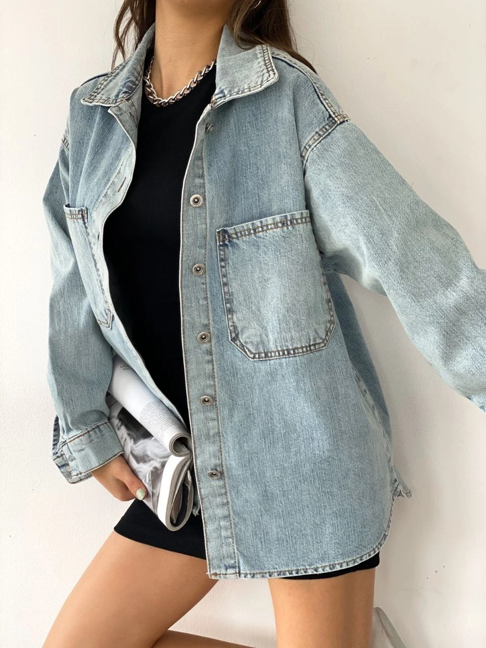 Pullaps Çift Cepli Oversize Denim Gömlek Ceket Mavi