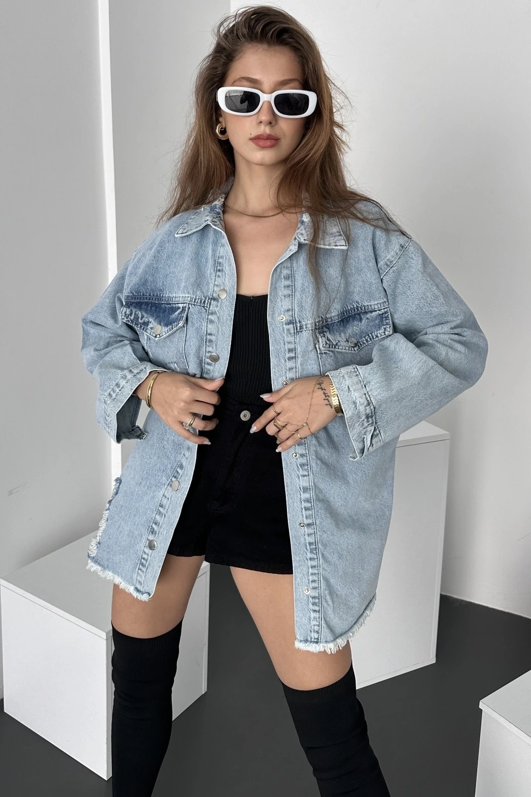 Pullaps Çift Cepli Yırtık Detaylı Oversize Gömlek Ceket Mavi