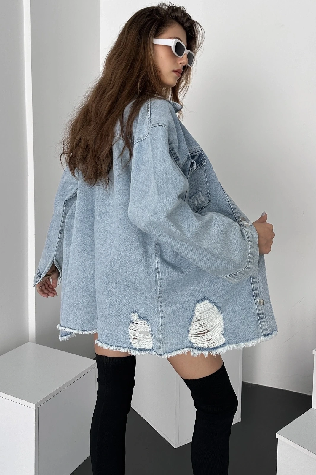 Pullaps Çift Cepli Yırtık Detaylı Oversize Gömlek Ceket Mavi