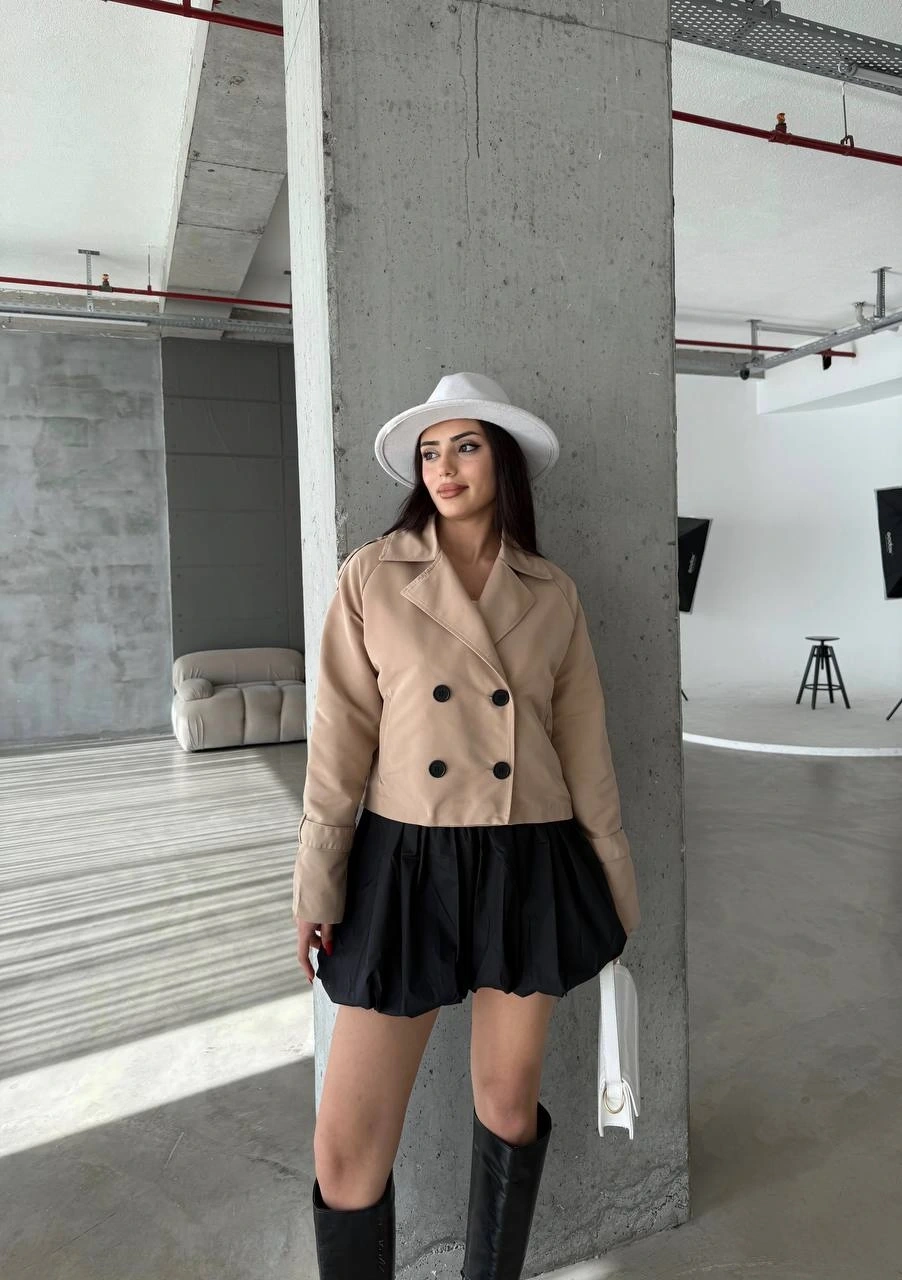 Pullaps Çift Düğmeli Kısa Trenç Vizon