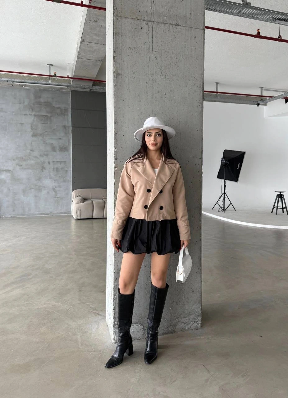 Pullaps Çift Düğmeli Kısa Trenç Vizon