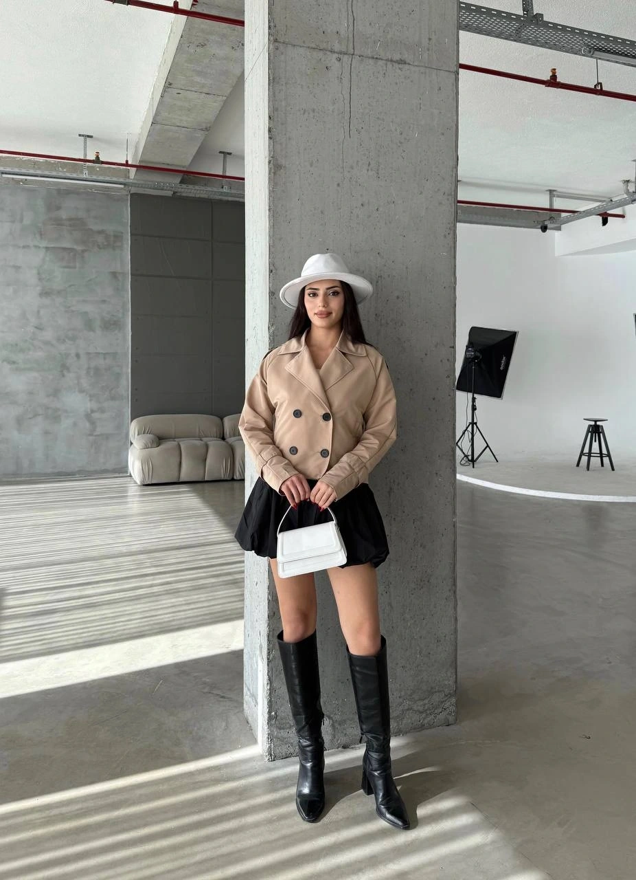 Pullaps Çift Düğmeli Kısa Trenç Vizon