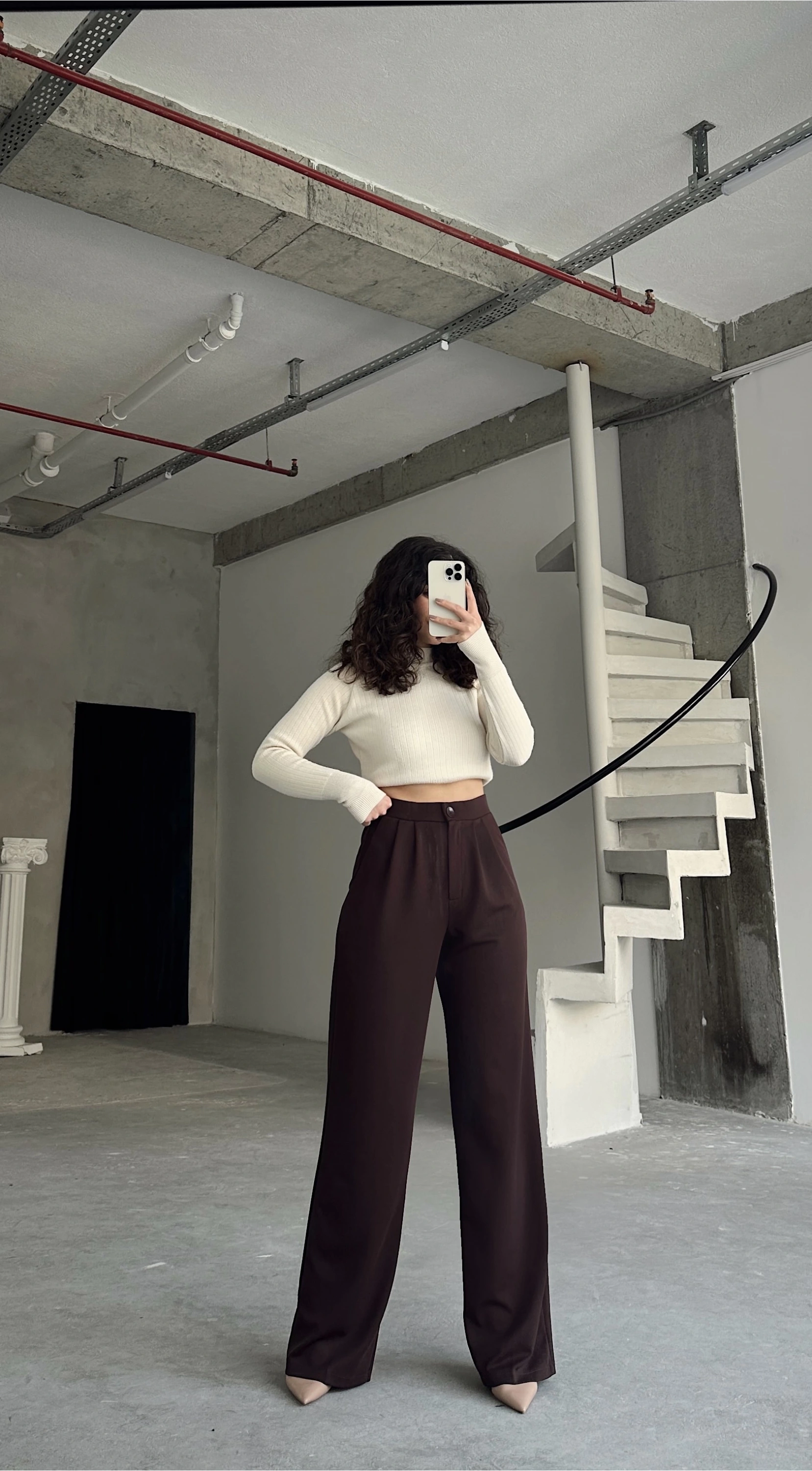 Pullaps Cift Pileli Likralı Palazzo Pantolon Kahve