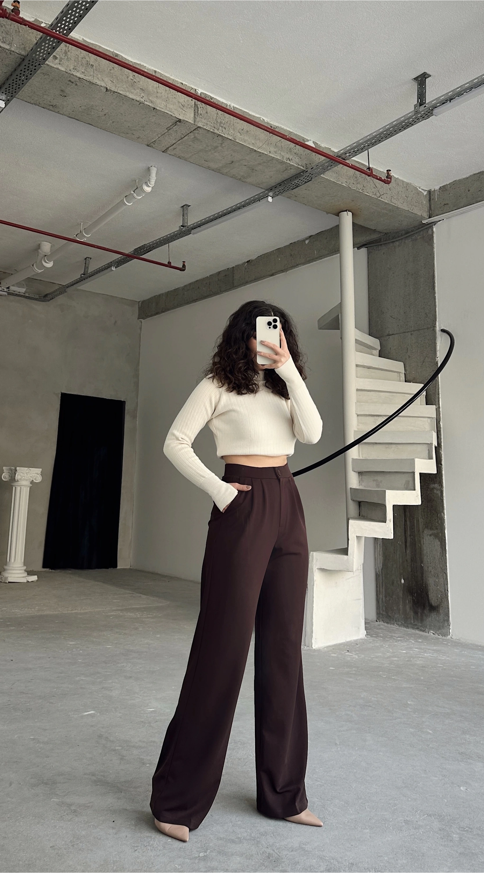 Pullaps Cift Pileli Likralı Palazzo Pantolon Kahve