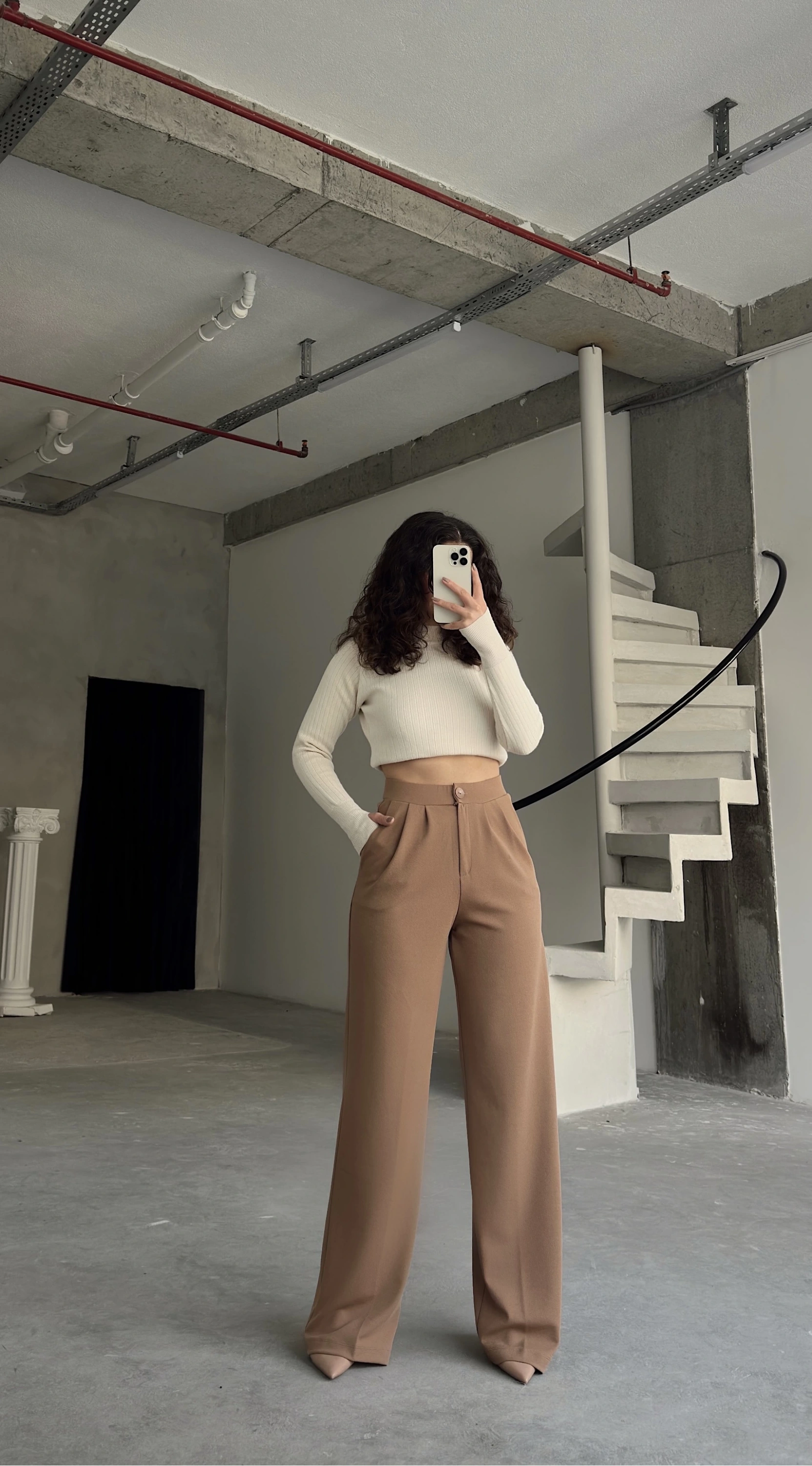 Pullaps Cift Pileli Likralı Palazzo Pantolon Vizon