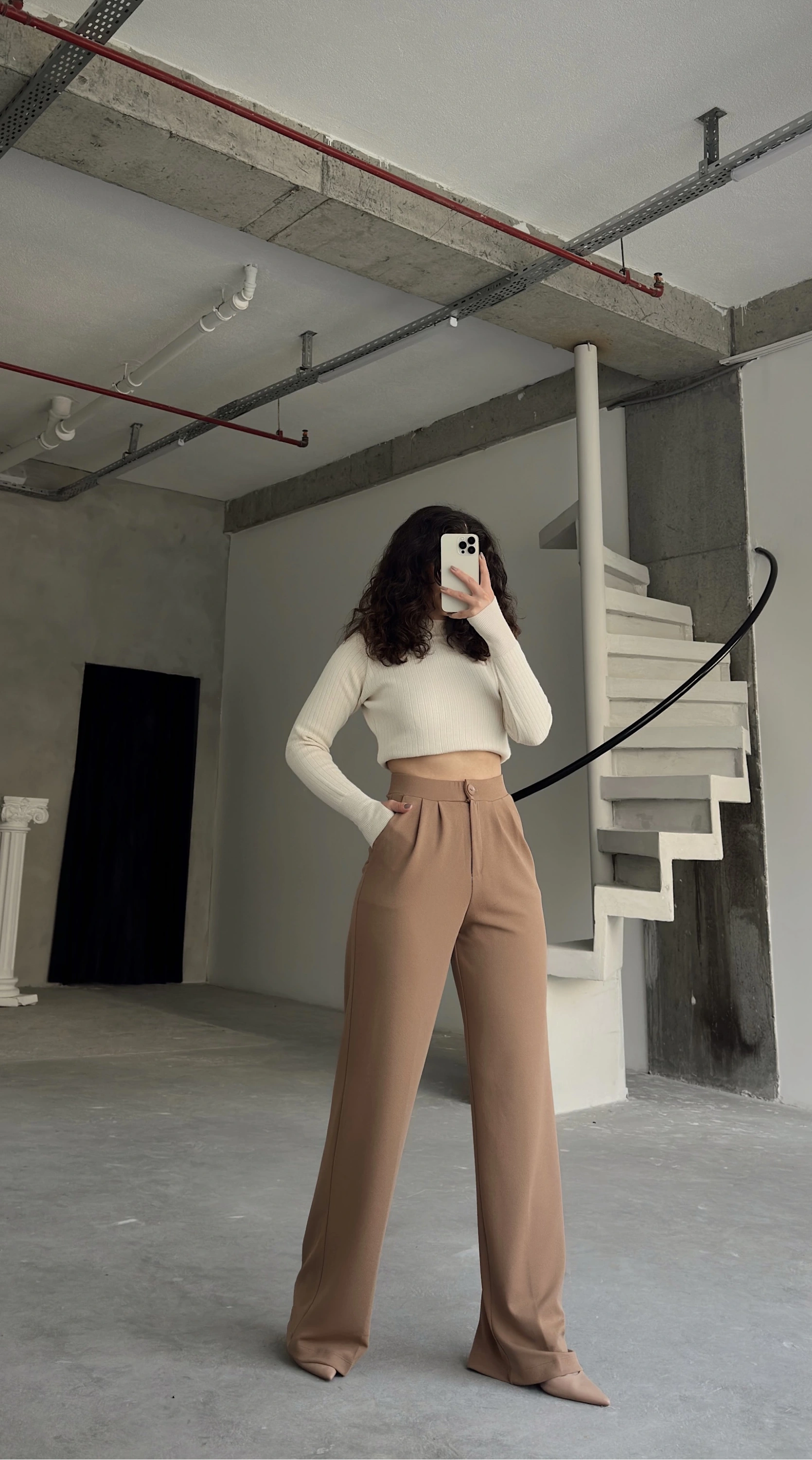 Pullaps Cift Pileli Likralı Palazzo Pantolon Vizon