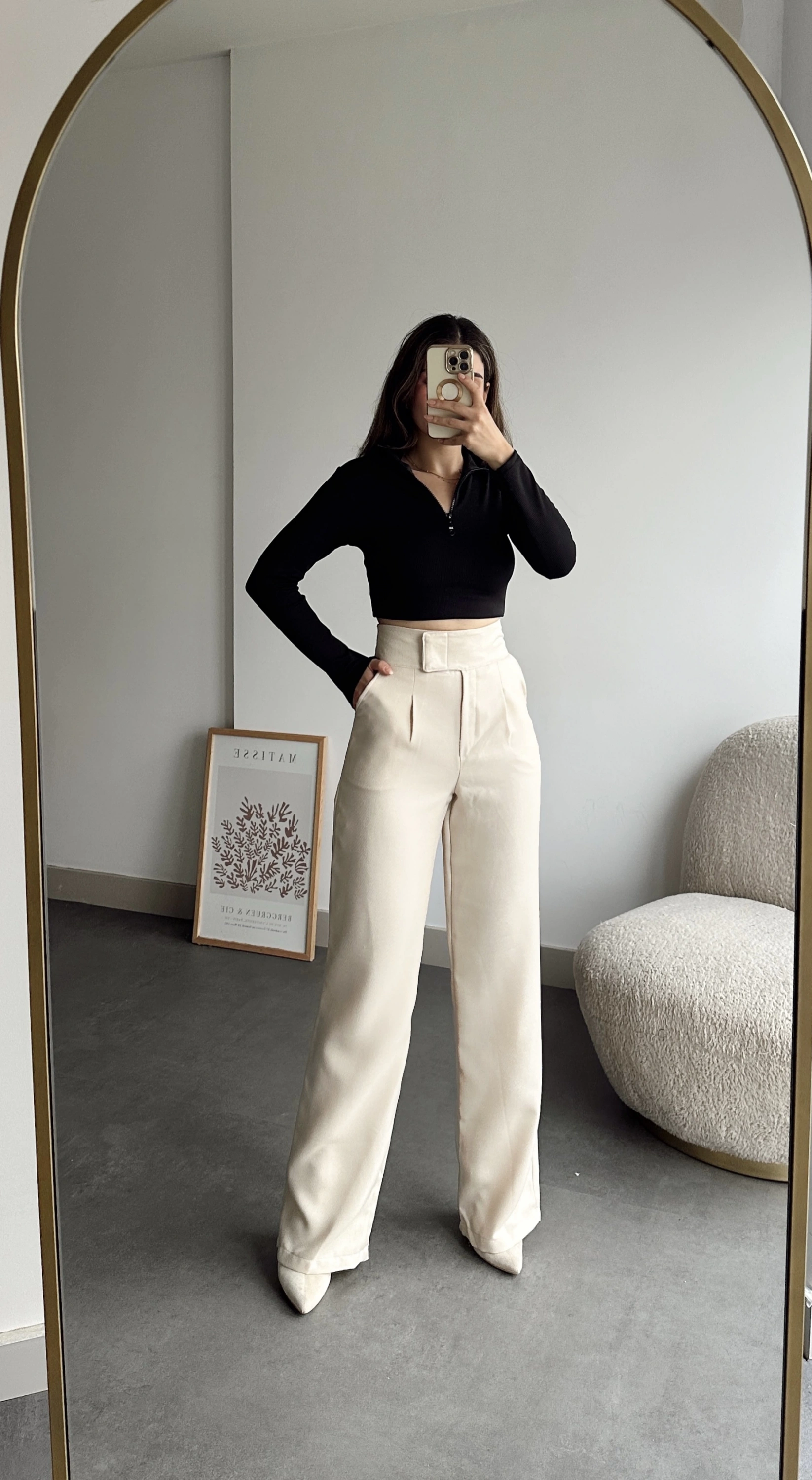 Pullaps Cırt Cırtlı İçten Düğmeli Palazzo Pantolon Krem