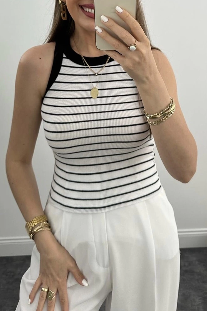 Pullaps Çizgili Halter Yaka Fitilli Atlet Tam Boy