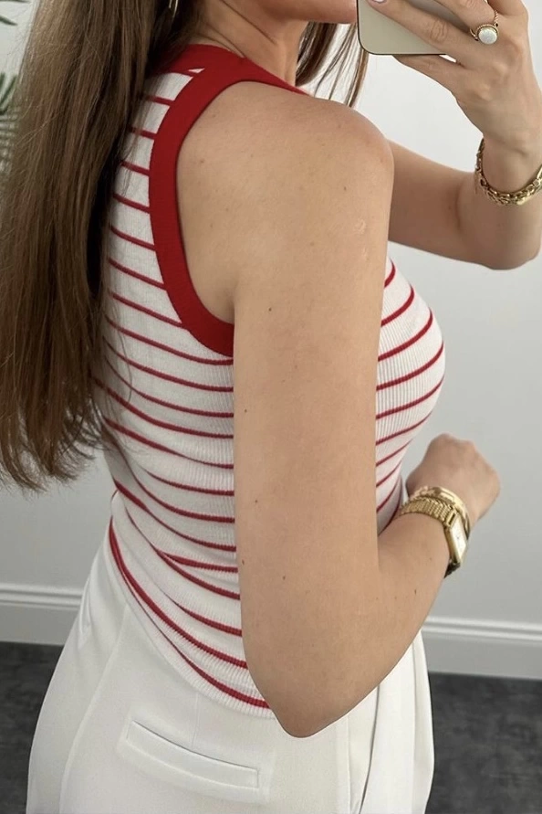 Pullaps Çizgili Halter Yaka Fitilli Atlet Tam Boy Bordo